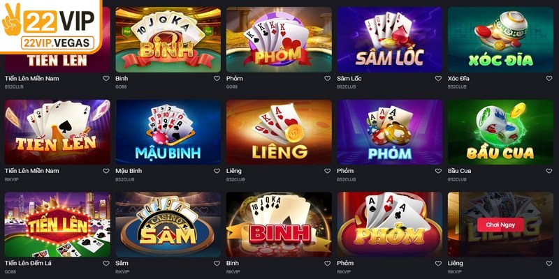 Các trò chơi phổ biến rất được yêu thích tại sảnh Game bài tại 22VIP